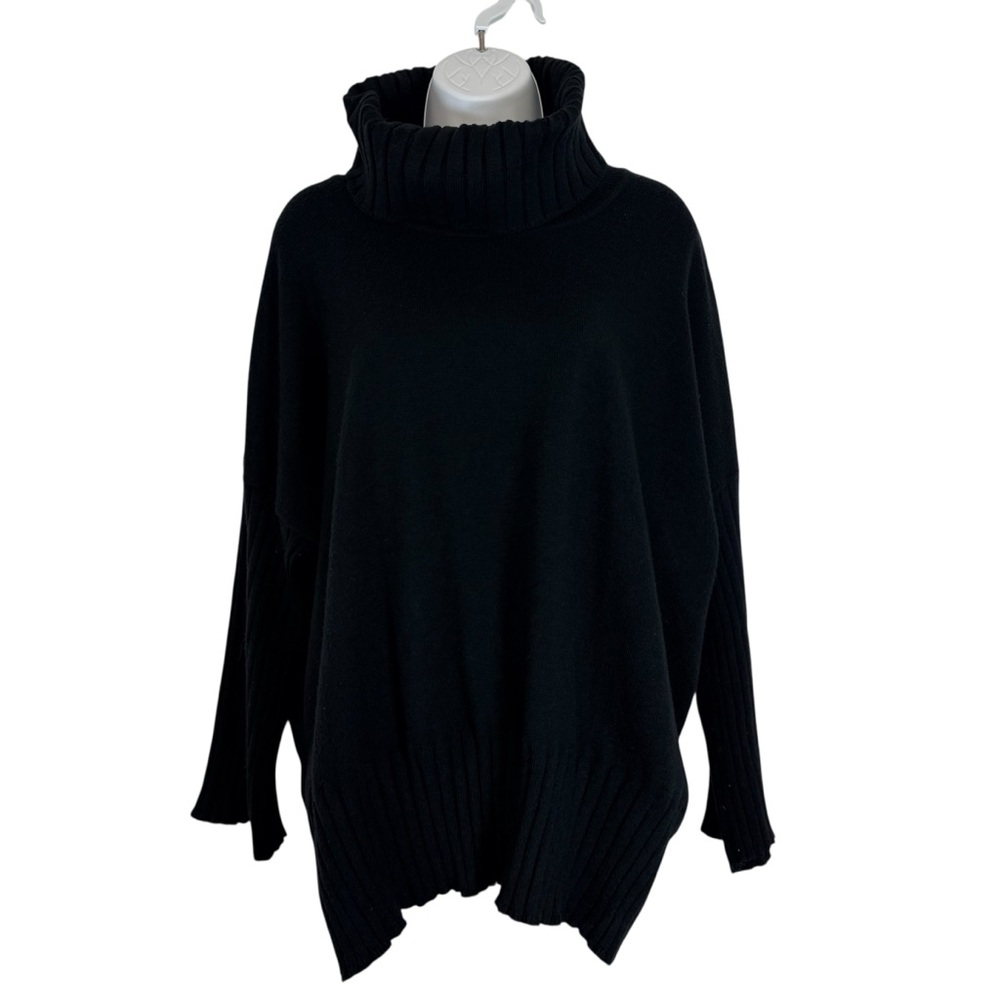 Cyrus Black Turtleneck Sweater XL Ribbed Bell Sleeve Asymmetrical Hem
